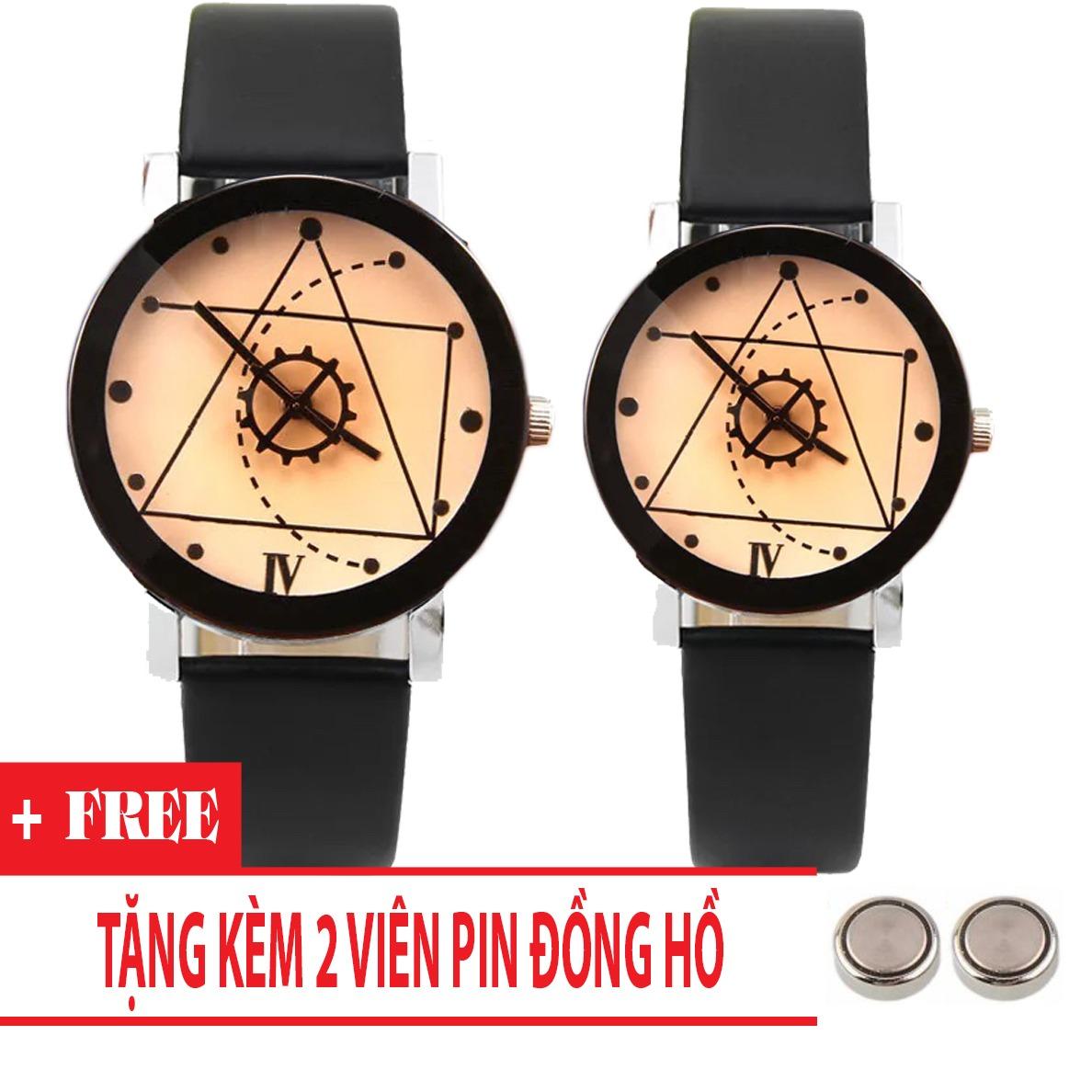 Đồng hồ cặp dây da Thạch Anh Tam Giác TimeZone (Dây Đen, Mặt Xám) + Tặng Kèm Pin