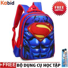 Cặp sách học sinh lớp 1 siêu nhẹ SUPER MAN tặng dụng cụ học tập (Xanh dương) Tặng bộ dụng cụ học tập