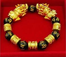 Vòng Tay Tỳ Hưu Vàng Phong Thủy 24k kết hợp thanh tài lộc đá thập Obsidian tự nhiên ML0099