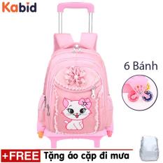 BA LÔ KÉO lướt trên mọi địa hình 6 bánh Mèo Angela Tặng áo trùm cặp chống bụi, mưa (Hồng phấn)