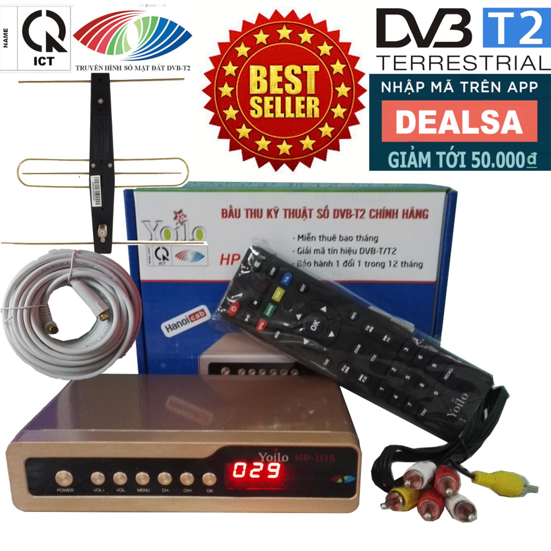 Đầu thu kỹ thuật số SET TOP BOX DVB-T2/HP-1115 kèm Bộ Anten Có Mạch Khuếch Đại, Dây Cáp và Jack...