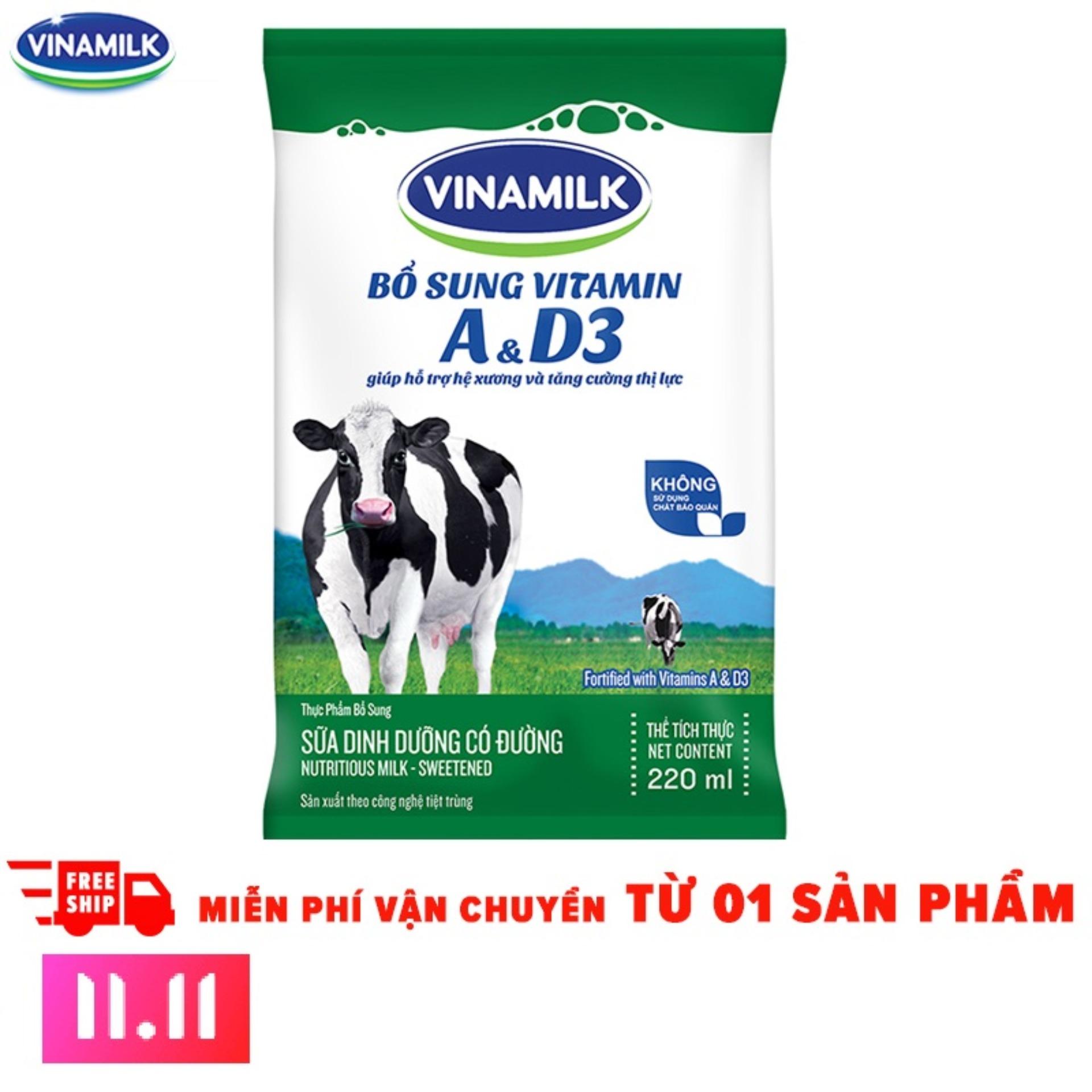 11.11 Deal độc quyền - Thùng 48 Bịch Sữa tiệt trùng Vinamilk có đường 220ml