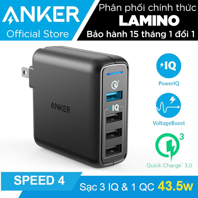Sạc ANKER PowerPort Speed 4 cổng 43.5W Quick Charge 3.0 và PowerIQ (Đen) - Hãng phân phối chính thức