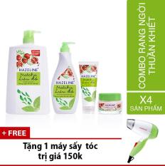 Bộ Hazeline matcha & lựu đỏ gồm 1 sữa rửa mặt 100g + 1 dưỡng thể 370ml + 1 sữa tắm 1.2kg + 1 kem mềm 45g + Tặng 1 máy sấy tóc trị giá 150k