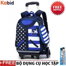 Balo kéo trẻ em 6 bánh xe cho học sinh EKUIZAI – American leo mọi địa hình kèm hộp bút xinh xắn US ( Blue) Tặng bộ dụng cụ học tập