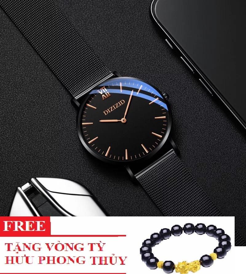 Đồng hồ nam mặt Original siêu mỏng dây thép lụa đen cao cấp DIZIZID DZ01 TẶNG Vòng tỳ hưu may...