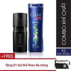 Combo 1 Clear Men dầu gội Mát Lạnh Bạc Hà 370g + 1 Xịt ngăn mùi toàn thân Axe Black 150ml + Tặng 1 túi du lịch