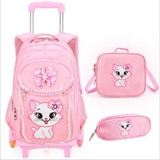 BỘ Balo KÉO lướt trên mọi địa hình 6 bánh + Túi đeo chéo + hộp bút Mèo Angela-KÉO (Hồng phấn)