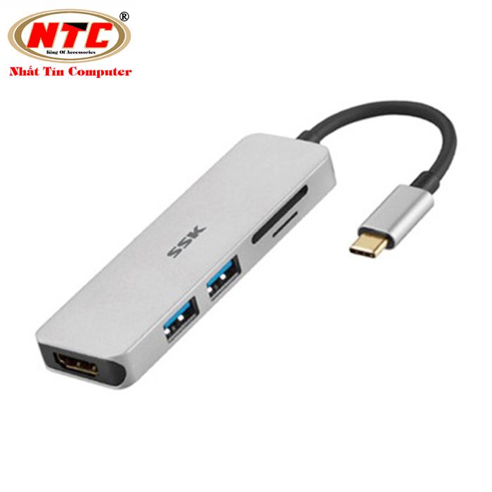 Bộ hub đa năng cổng TypeC ra USB 3.0/Thẻ nhớ SSK SHU-C525 kèm chức năng xuất HDMI (bạc)