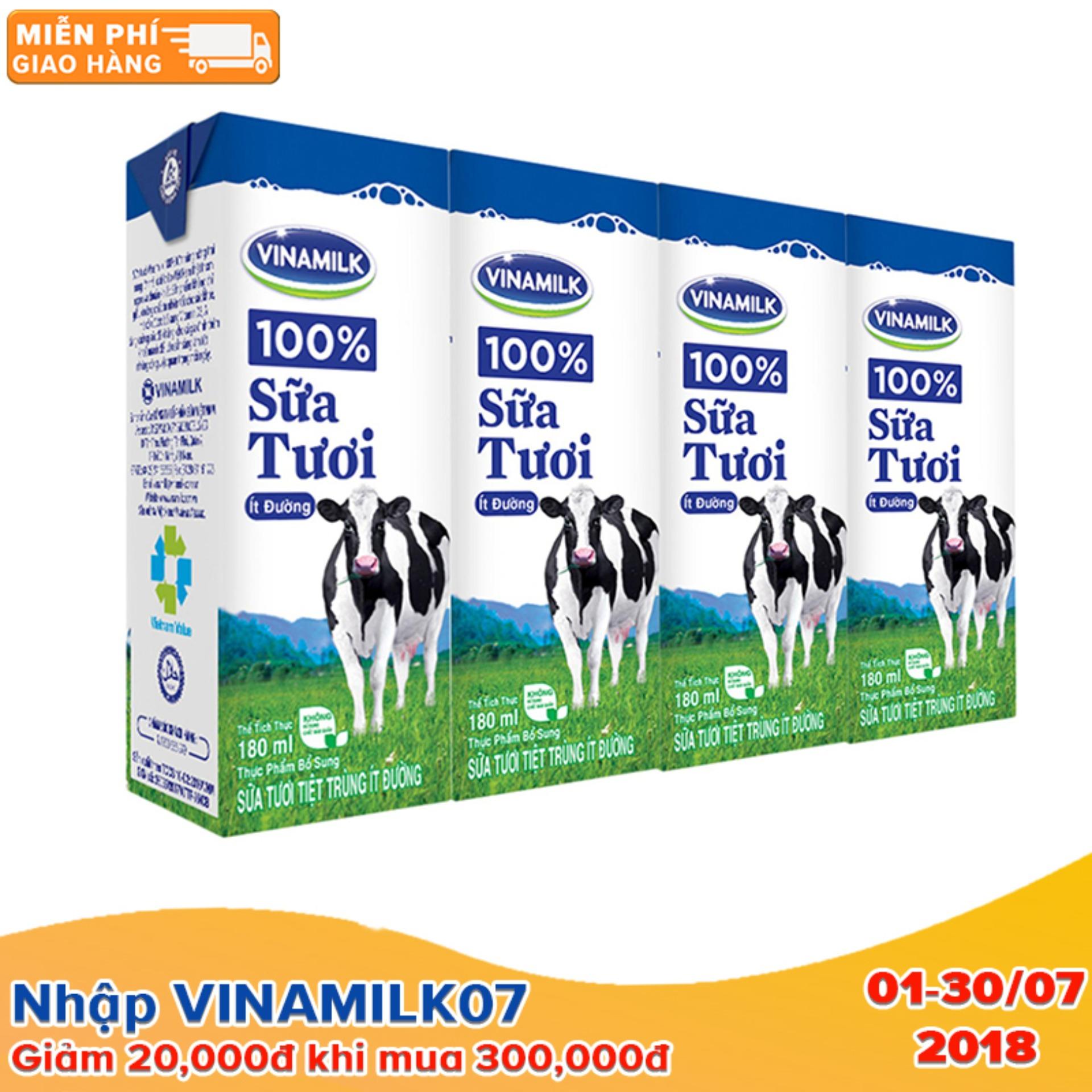 Thùng 48 Hộp Sữa tươi tiệt trùng Vinamilk 100% Ít Đường 180ml