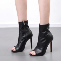 Giày boot nữ hở mũi cổ lửng da bóng ôm chân GBN193