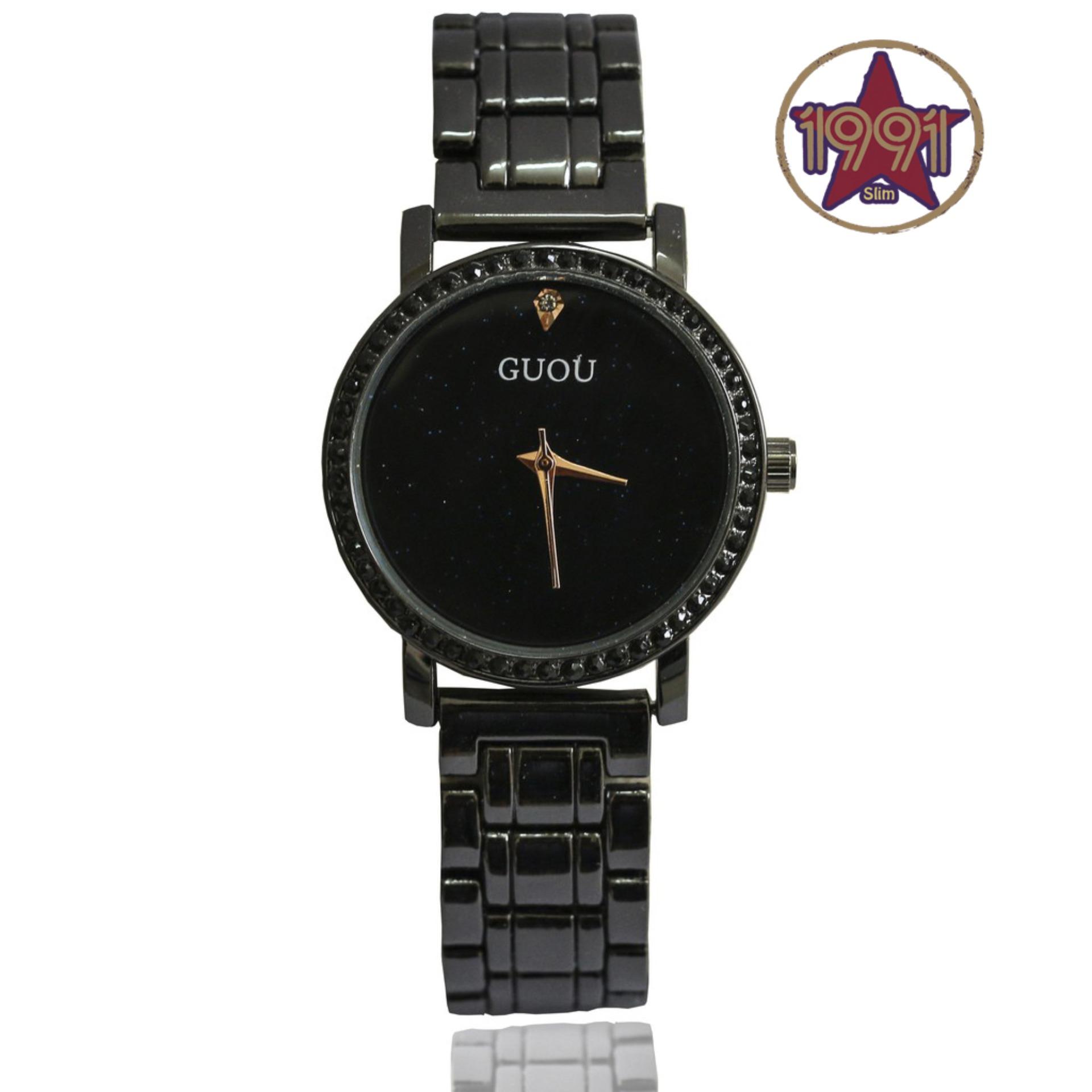Đồng hồ nữ Guou GU871 đính đá thời trang - Dây đen mặt đen