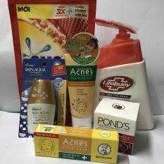 Trọn bộ 6 món :1nước rửa tay Lifebuoy 120g + 1túi nước giặt Omo 150g + 1Sữa rửa mặt Acnes 25g + 1Kem chống nắng sunplay 5g + 1Kem Pondd ngăn ngừa lão hóa 10g + 1Gel Acnes mờ sẹo và vết thâm 2g + tặng 1 túi đựng xinh xắn