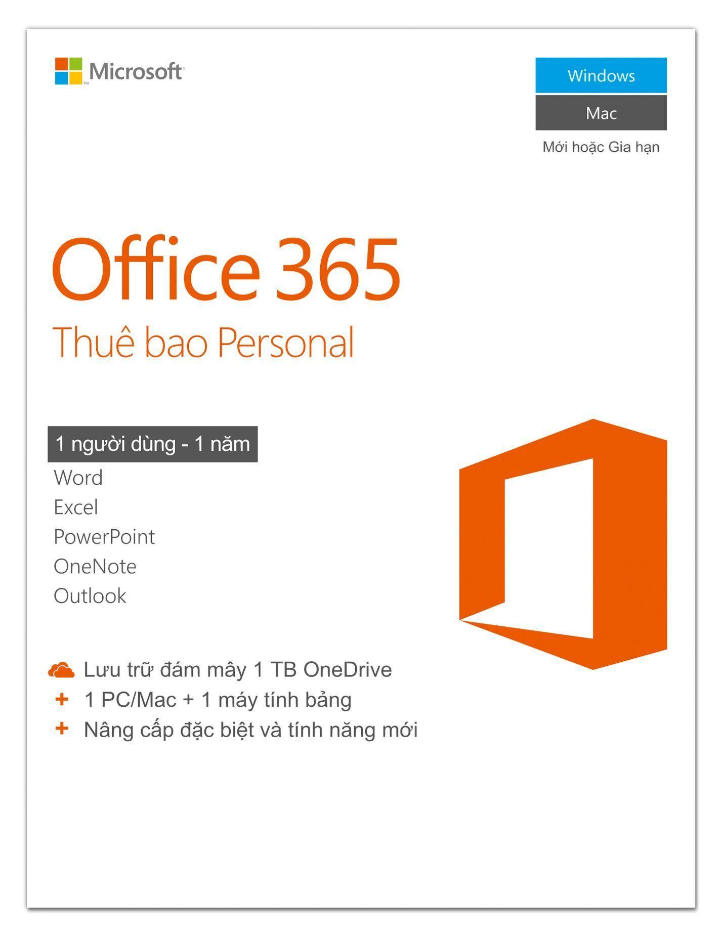 Phần mềm Microsoft® Office 365 Personal 1 người dùng/năm - Pupam phân phối chính hãng