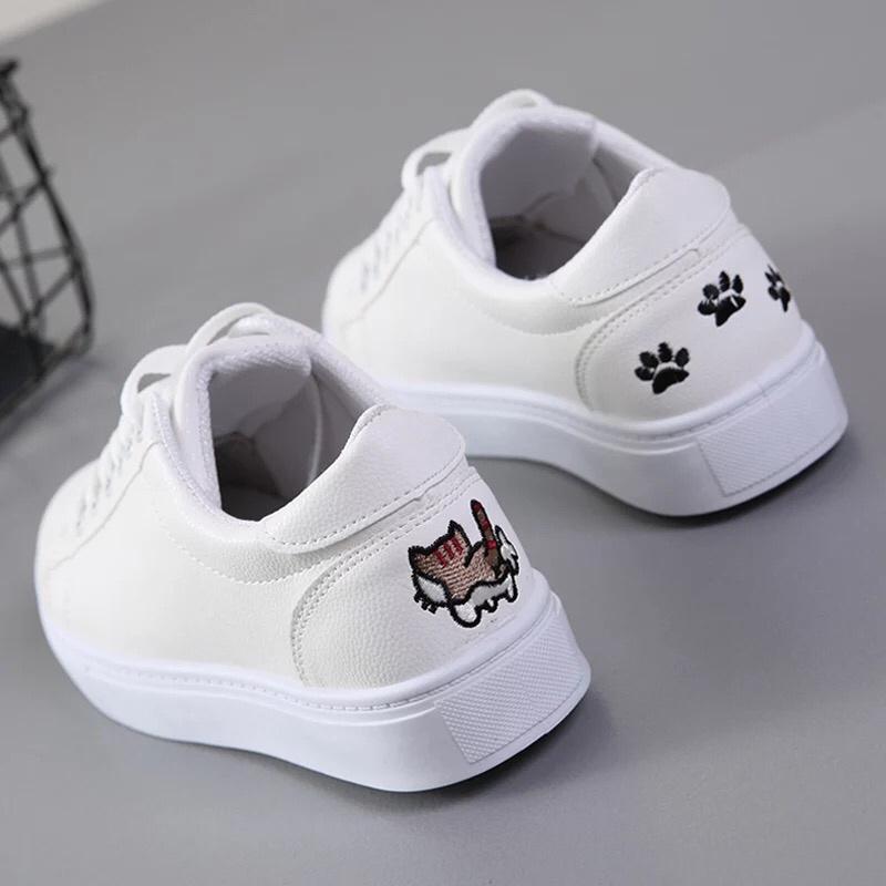 Giày Sneaker Nữ Thêu Mèo (trắng xanh, trắng hồng, trắng đen)