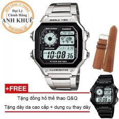 Đồng hồ nam dây kim loại Casio Anh Khuê AE-1200WHD-1AVDF + Tặng dây da bò cao cấp và tặng đồng hồ thể thao Q&Q