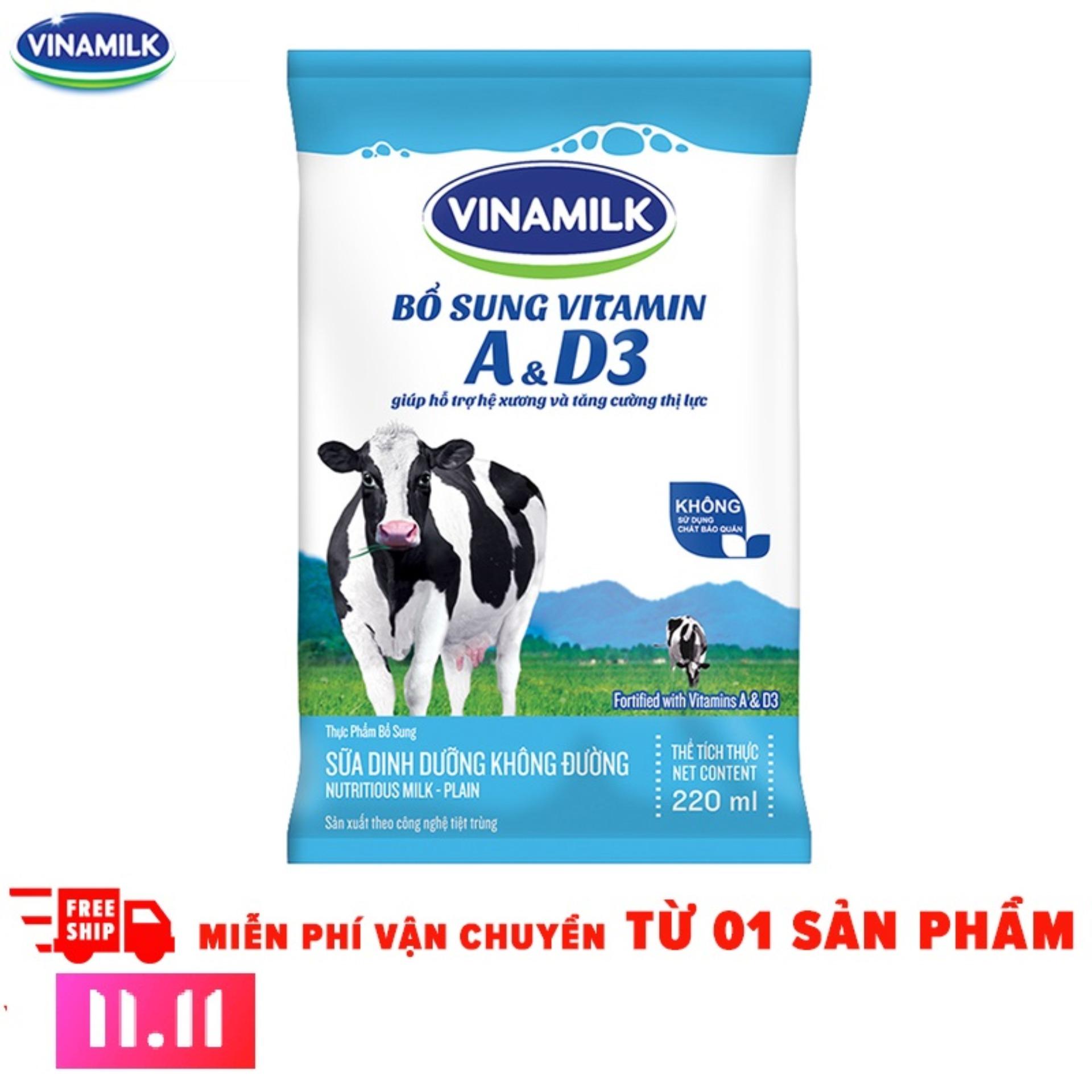 11.11 Deal độc quyền - Thùng 48 Bịch Sữa tiệt trùng Vinamilk không đường 220ml