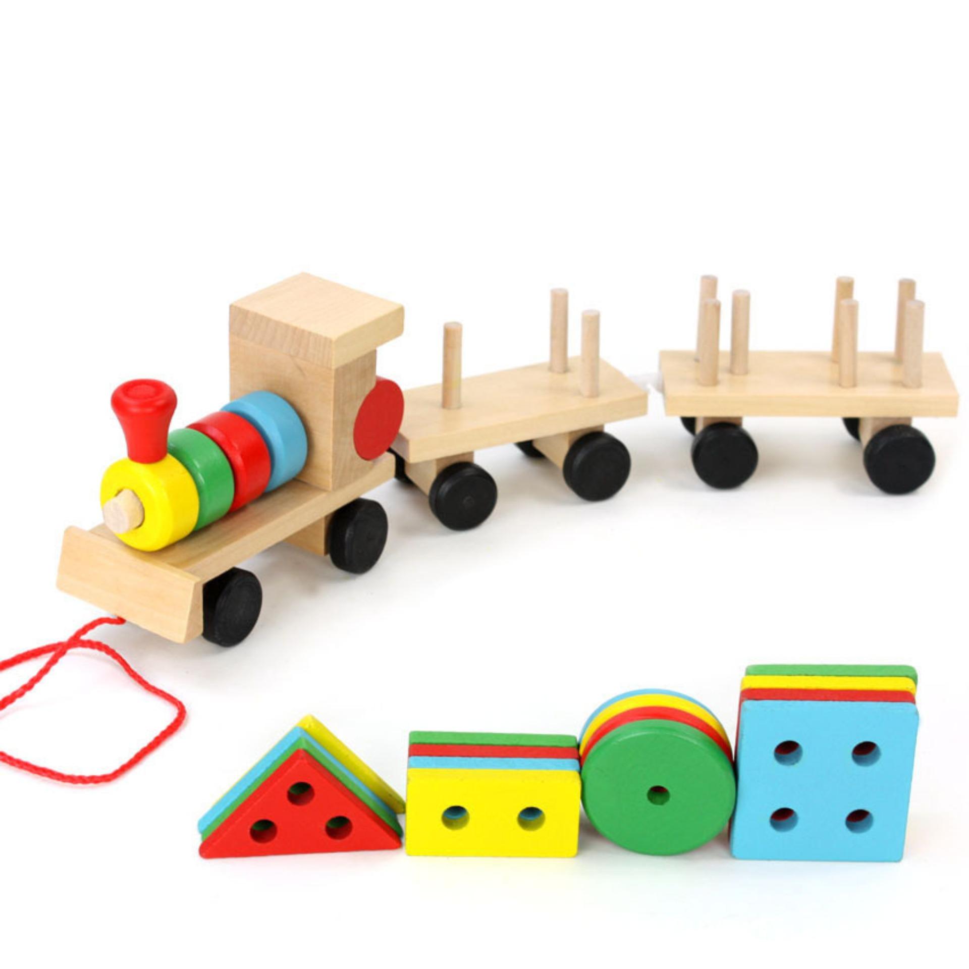 Đồ chơi đoàn tàu hỏa thả hình 16 khối gỗ phát triển tư duy cho bé