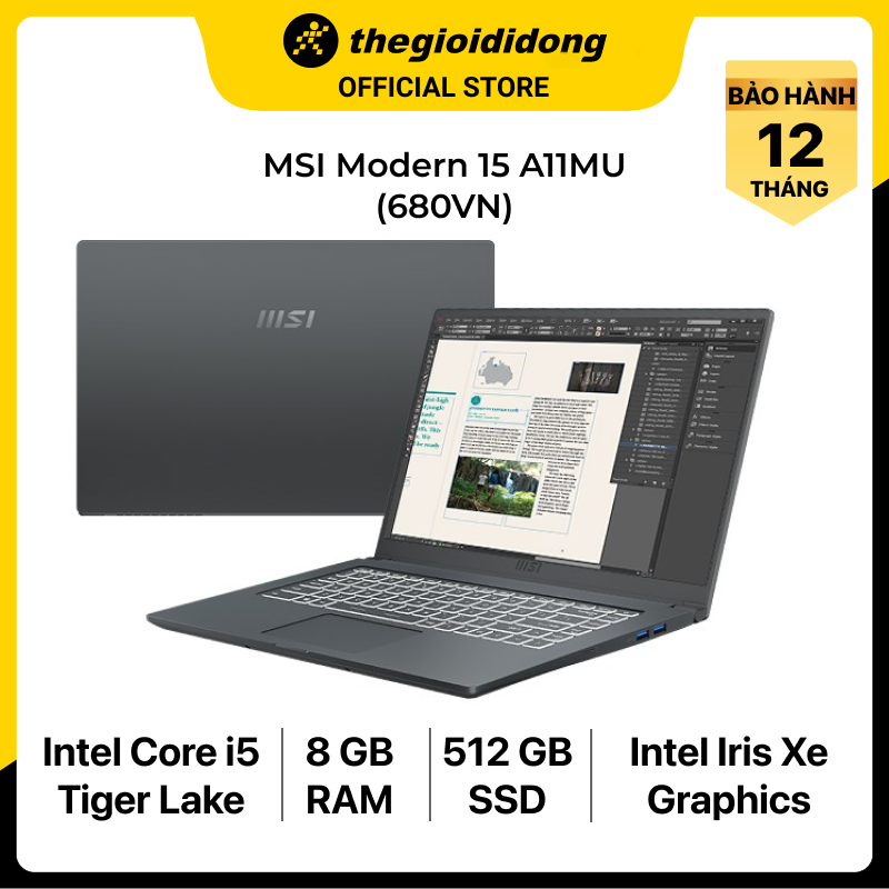 [Trả góp 0%] MSI Modern 15 A11MU i5 1155G7/8GB/512GB/15.6″F/Túi/Chuột/Win10/(680VN)/Xám