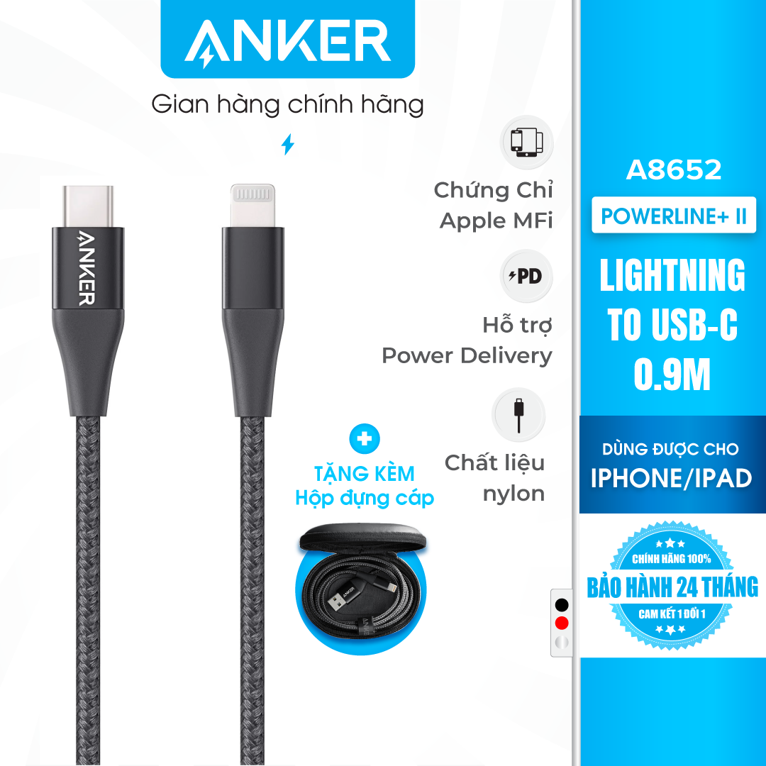 Cáp sạc ANKER PowerLine+ II Lightning to USB-C dài 0.9m – A8652 – Hỗ trợ sạc nhanh 18W cho iPhone 8 trở lên qua củ sạc PD hoặc PiQ 3.0 (kèm túi đựng)