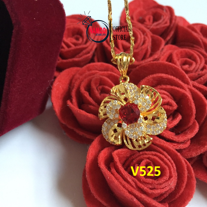 Set Dây CHuyền Và Bông Tai Hoa Mai Đá Đỏ V580 T580, Bộ Trang sức nữ Namoo Jewelry
