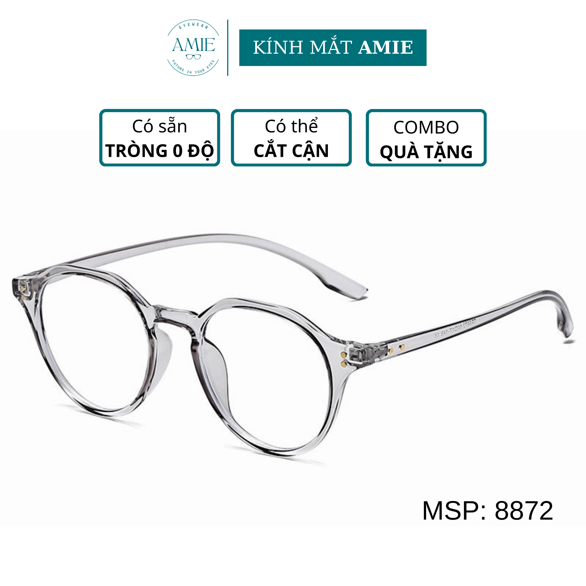 Gọng kính cận nam nữ AMIE Eyewear mắt tròn oval chất liệu nhựa TR90 cao cấp kiểu dáng đơn gian phù hợp nam và nữ 8872