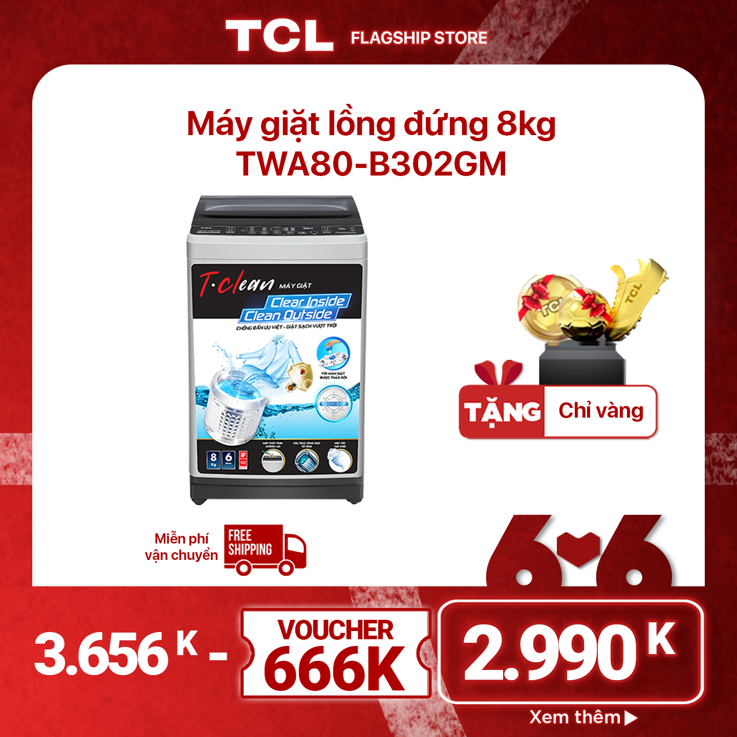 [Trả góp 0%]Máy Giặt TCL 80Kg Lồng. Đứng TWA80-B302GM Dòng Máy Giặt Cao Cấp Với Thiết Kế Lồng Giặt Tổ Ong Siêu Rộng Chế Độ Vắt Cực Khô – Hàng Chính Hãng . Bảo Hành 2 Năm