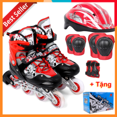 Bộ Giày Patin Longfeng 3 in 1 , giày trượt patin đầy đủ bảo hộ chân tay và mũ chính hãng tặng kèm hộp vàn bộ ốc vít màu Đỏ