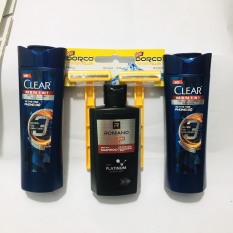 Mua trọn bộ 3 món gồm : 2 chai dầu gội sạch gàu Clear men 70ml + 1 chai dầu gội đầu romano vip 60g Tặng 2 cây dao cạo râu