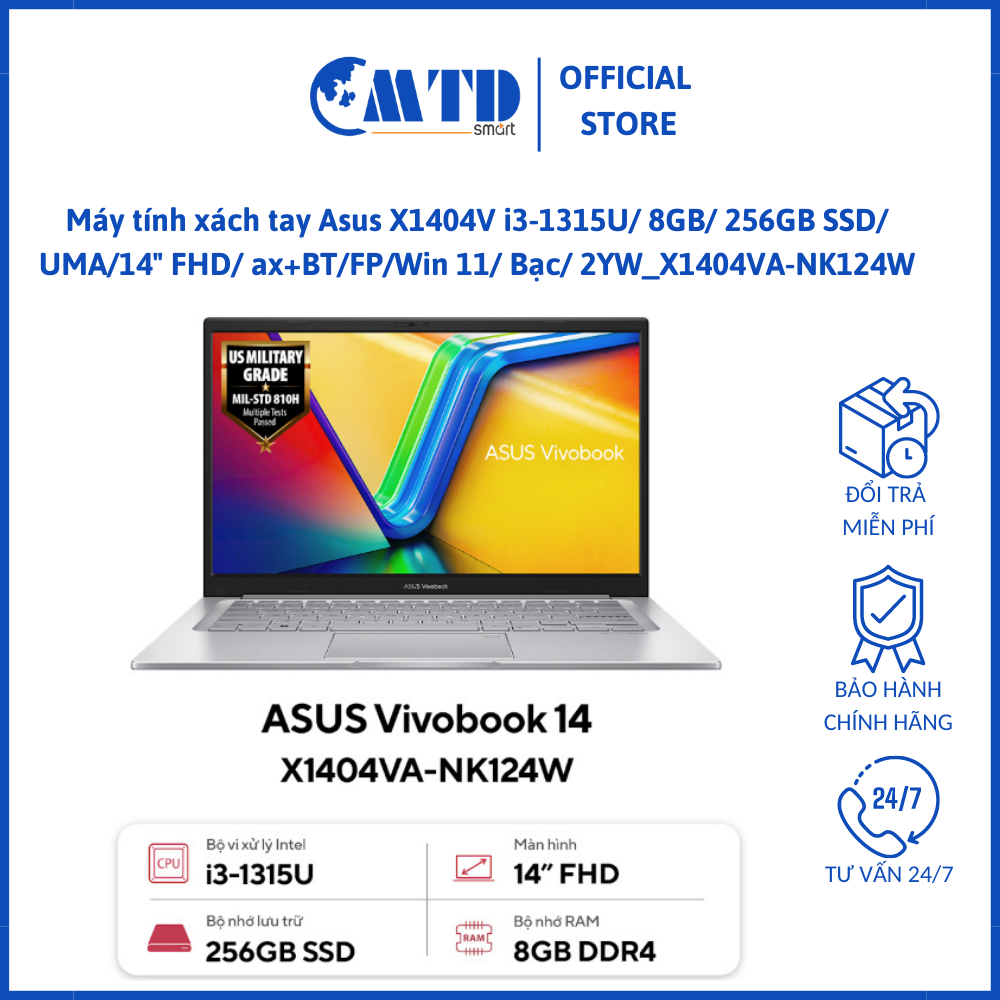Máy tính xách tay Asus X1404V i3-1315U/8GB/256GB SSD/UMA/14″ FHD/ax+BT/FP/Win 11/Bạc/2YW_X1404VA-NK124W – Bảo hành 36 Tháng