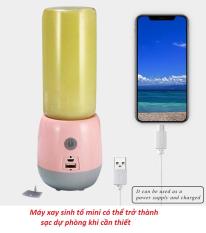 Máy say sinh tố mini cầm tay 400ml, bình thủy tinh 6 lưỡi thép 304 sạc được điện thoại