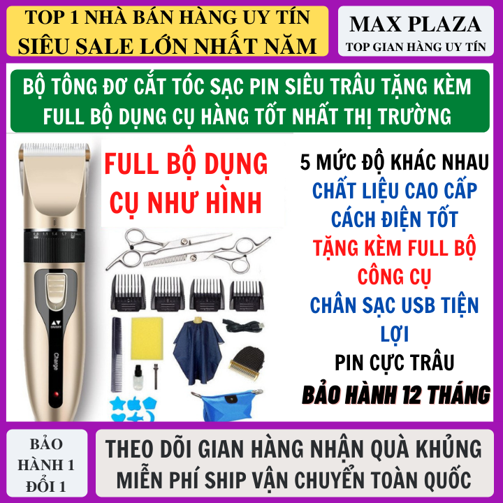 Tông Đơ Cắt Tóc Full Bộ Loại Tốt Tặng Kèm 1 Lược 2 Kéo Cắt Và 1 Áo Choàng, Lược,...