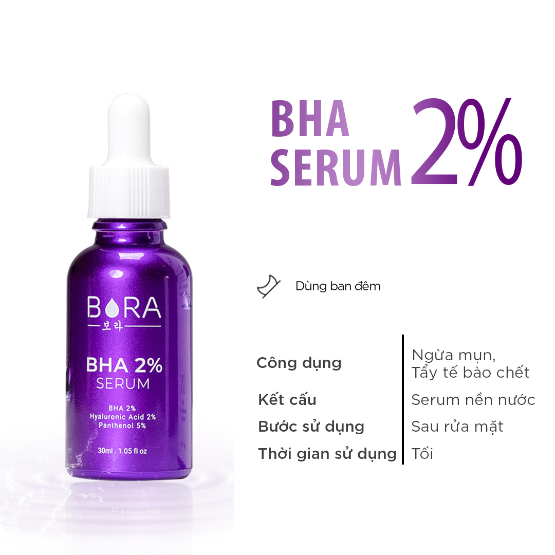 Serum ngăn ngừa mụn BHA 2% Bora tẩy tế bào chết, loại bỏ mụn đầu đen, mờ thâm mụn