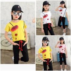 Bộ quần áo bé gái tay ngắn cotton tici in hình hoa cát cánh cho bé từ 17kg đến 30kg tương đương 5 tuổi đến 9 tuổi( màu trắng, hồng, vàng)