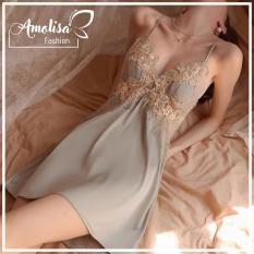Váy Ngủ Nữ 2 Dây Lụa Latin Cao Cấp Phối Ren Liền Thân Siêu Sexy Tặng Kèm Quần Chip Xinh Xắn V04 – AMOLISA