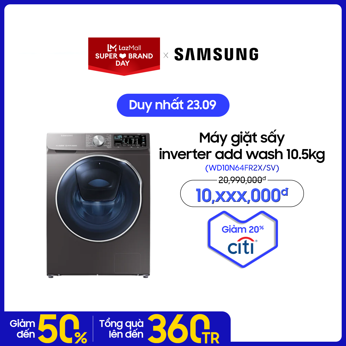 [SIÊU SALE 23.9]Máy giặt sấy inverter add wash Samsung Addwash 10.5kg (WD10N64FR2X/SV) – – Liên Hệ Hotline Samsung 1800588889 để được hỗ trợ lắp đặt – Hàng chính hãng