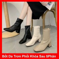 Giày boot nữ cổ cao thời trang gót vuông cao cấp – Giày gót vuông nữ cao 5cm – Giày nữ da mềm 2 màu Trắng Kem