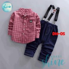 Set Sơ Mi Dài Tay Quần Có Quai Bé Trai Cao Cấp Mẫu Kẻ Có Nơ DH-05 – Phong Cách Hàn Quốc