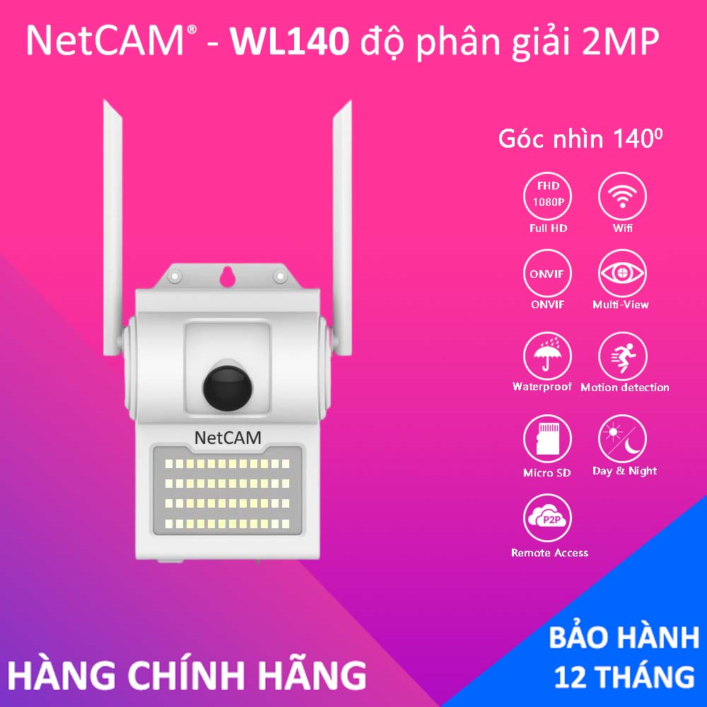 Camera IP Wifi NetCAM WL140 1080P – Góc Nhìn Rộng 140º, Đèn Rất Sáng Khi Phát Hiện Có Người – Chống Nước Tốt.