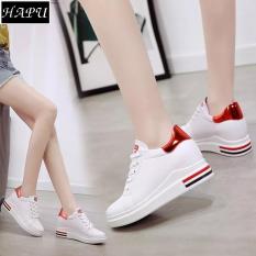 Giày sneaker nữ độn đế đẹp gót da bóng HAPU (Trắng đỏ, Trắng vàng, Trắng đen)