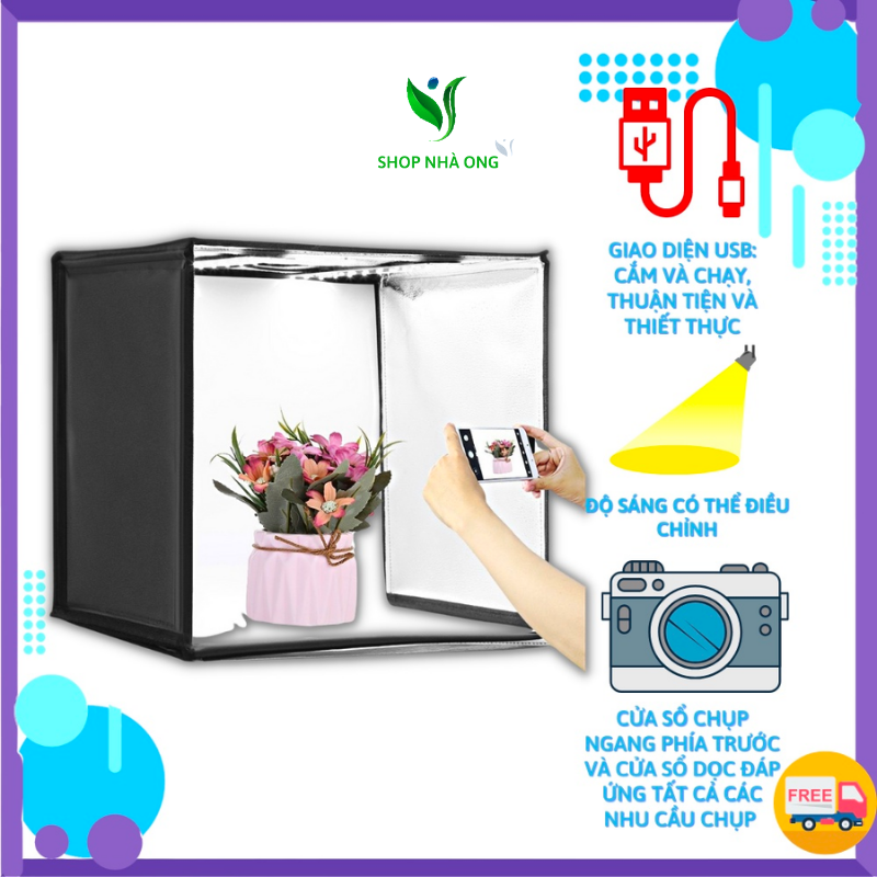Hộp Chụp Sản Phẩm Puluz Kích Thước 25*25*25, Dàn Đèn Led Siêu Sáng Tặng Kèm 12 Màu Nền