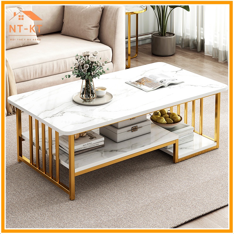 Bàn Sofa Phòng Khách, Bàn Trà 3 Tầng Mặt Gỗ Vân Đá, Khung Chân Kim Loại Sơn Tĩnh Điện, Kích...