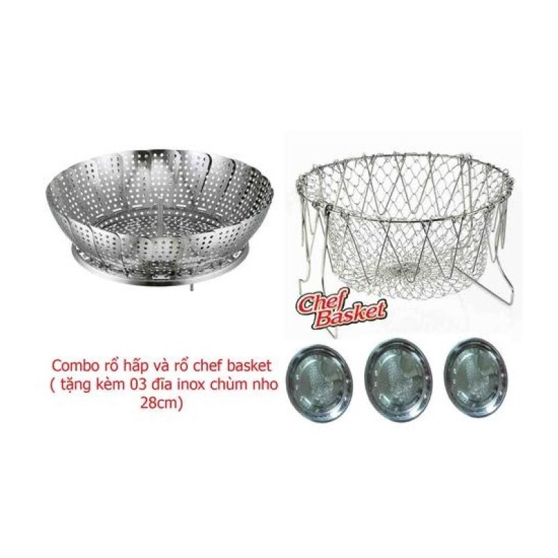 Giá bán Combo 1 rổ hấp inox và 1 rổ thông minh chef basket+ tặng kèm 03 đĩa
inox 28cm
