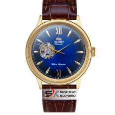 Đồng Hồ Cơ Nam Orient Mặt Xanh Da Trời Viền Vàng Dây Da Nâu Máy Cơ Tự Động Lộ Tim Open-Heart Máy Nhật Automatic Bảo Hành 12 Tháng