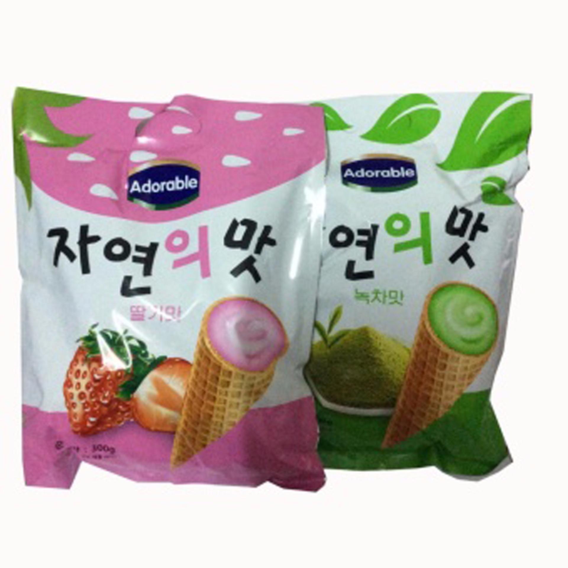 Bộ 2 Gói Bánh ốc quế Adorable (Kem Dâu+Trà Xanh) 300g/gói Hàn Quốc