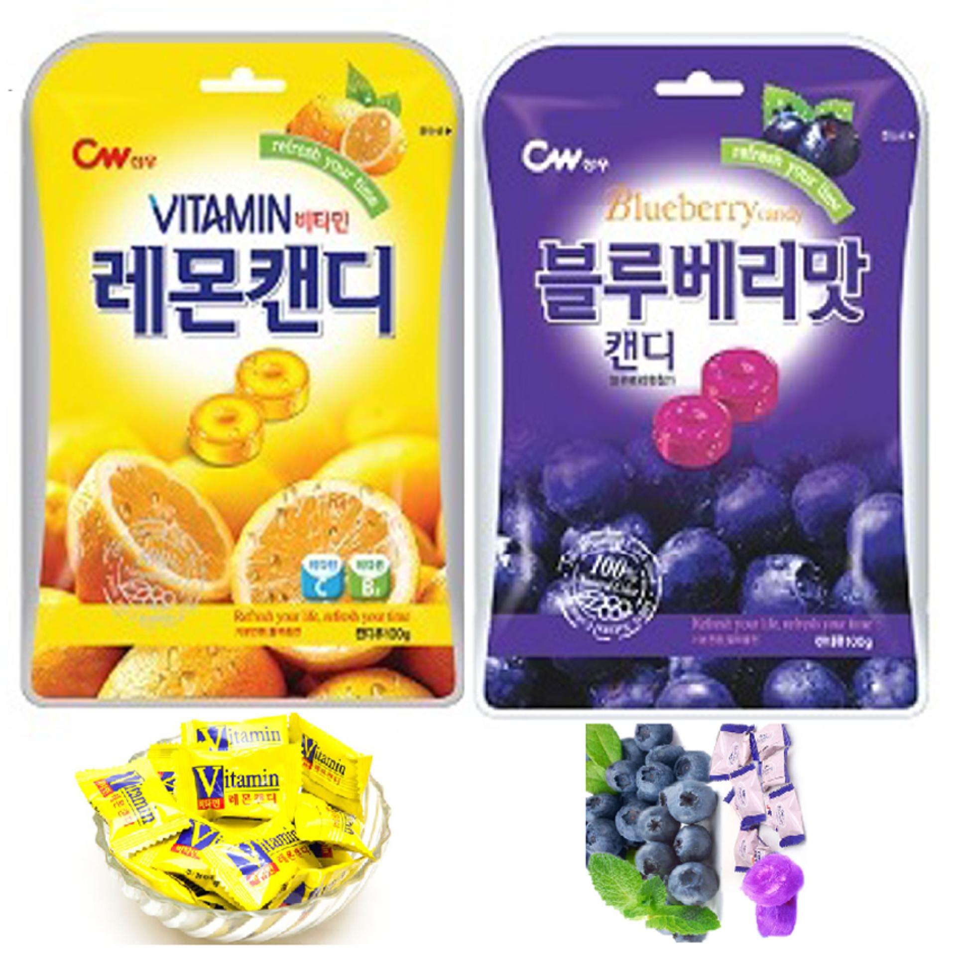 Bộ 2 Túi Kẹo Cứng Trái Cây Hàn Quốc Vị Việt Quất+Chanh (100g/túi)