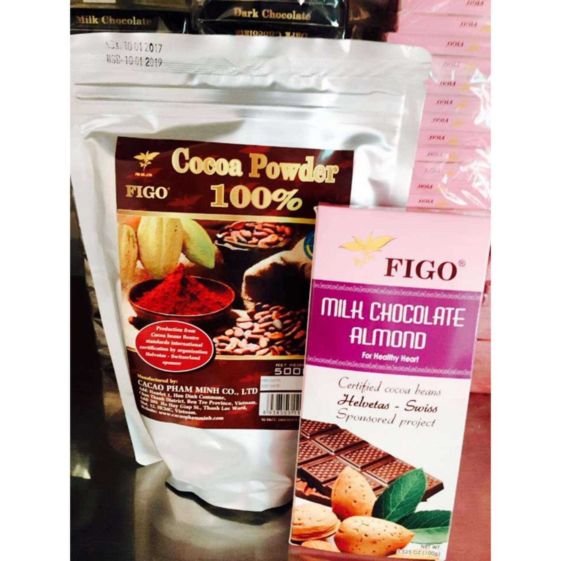 Combo Bột cacao nguyên chất 100% 500gram + Chocolate Hạnh Nhân Figo 100gram