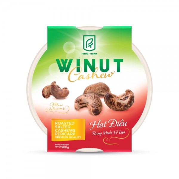 Hạt điều rang muối vỏ lụa Winut 500gr (Hộp nhựa)