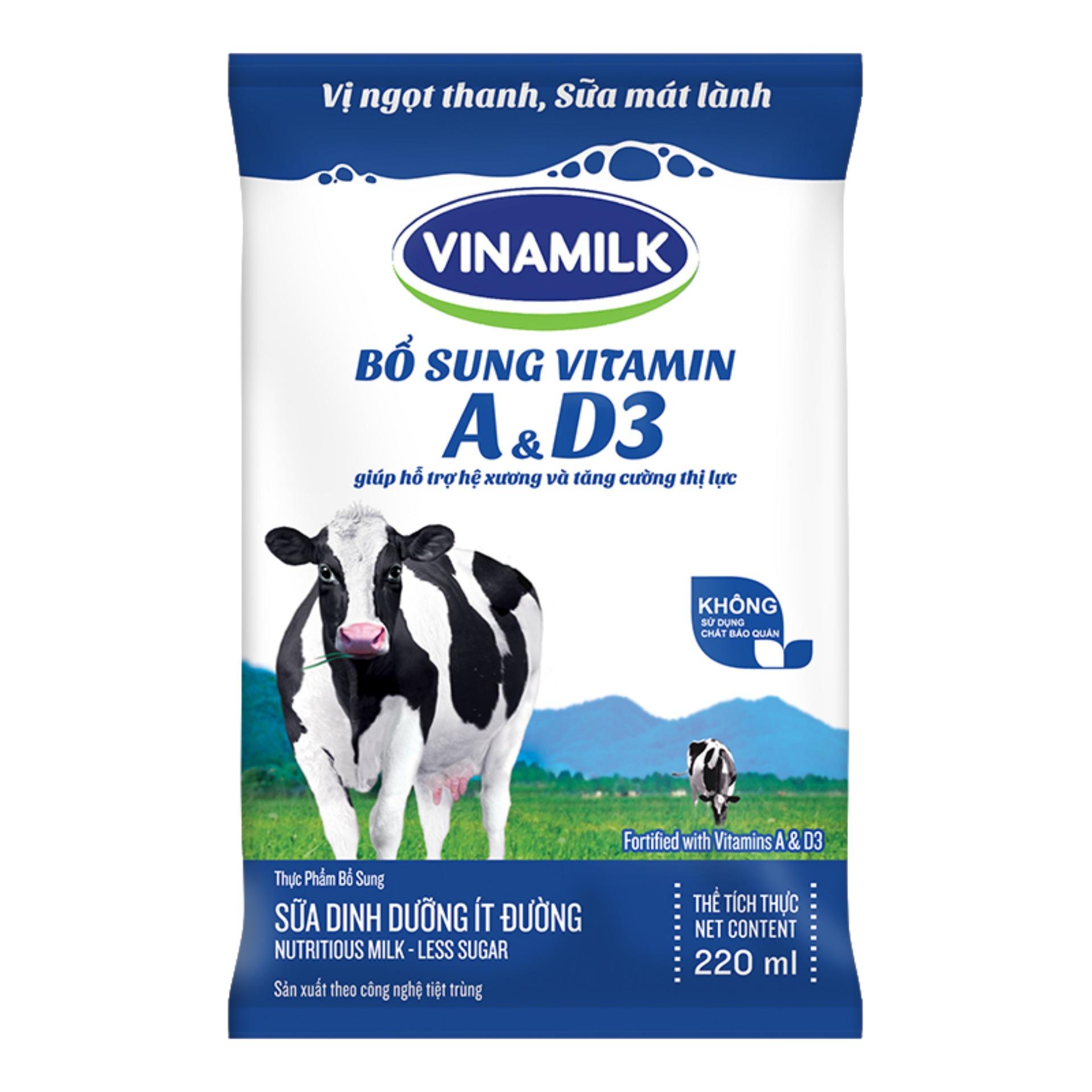 Thùng 48 Bịch Sữa tiệt trùng Vinamilk ít đường 220ml
