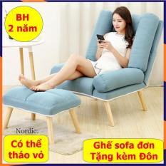 Ghế Sofa Đơn kèm Đôn, Ghế sofa lười phòng khách, ghế lười sofa có điều chỉnh ngả lưng, chân gỗ cao